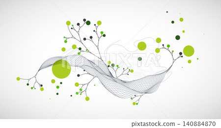 Abstract eco background with wave grid, green circles, and branching lines. Vector 140884870