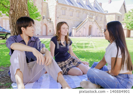 A group of university students enjoying a conversation in a grassy park. A group of university students enjoying a conversation in a grassy park. 140884901