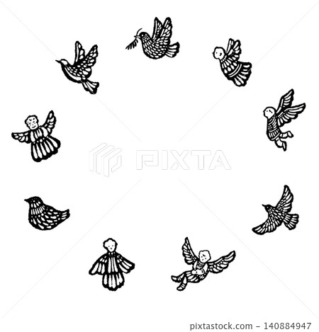A circular monochrome wreath frame with doves and angels that can be used as a background for Christmas cards. A circular monochrome wreath frame with doves and angels that can be used as a background for Christmas cards. 140884947