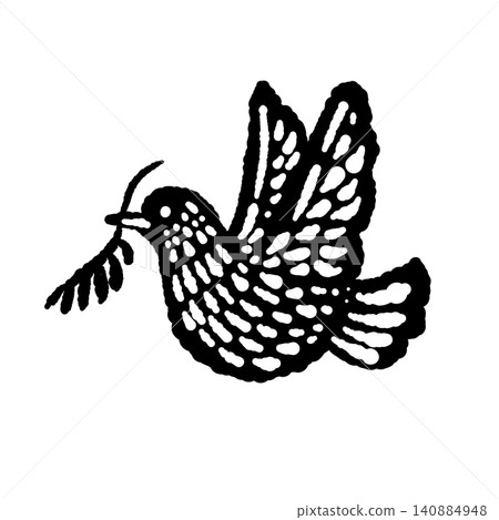 A hand-drawn monochrome silhouette illustration of a dove flying with an olive branch in its beak. A hand-drawn monochrome silhouette illustration of a dove flying with an olive branch in its beak. 140884948