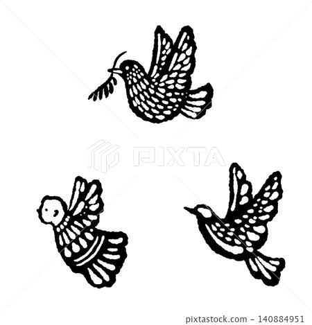 A set of three hand-drawn monochrome silhouettes of doves holding olive branches. 140884951