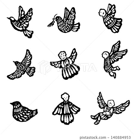 A set of monochrome silhouette illustrations of doves and angels that can be used for Christmas decorations. A set of monochrome silhouette illustrations of doves and angels that can be used for Christmas decorations. 140884953