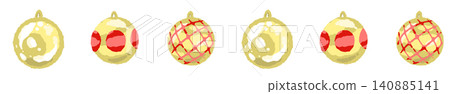 A line of red and gold Christmas ornaments with a wavy stripe pattern. A line of red and gold Christmas ornaments with a wavy stripe pattern. 140885141