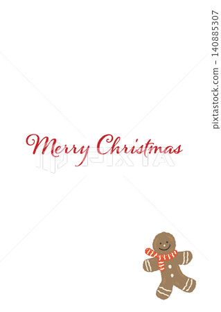 A vertical Christmas card featuring an illustration of a gingerbread man cookie wearing a red scarf. A vertical Christmas card featuring an illustration of a gingerbread man cookie wearing a red scarf. 140885307
