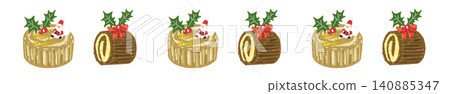A cute line design featuring small tree stump-shaped Christmas cakes lined up in a row. A cute line design featuring small tree stump-shaped Christmas cakes lined up in a row. 140885347