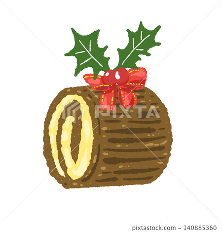 A hand-drawn illustration of a chocolate Buche de Noël (roll cake) decorated with holly leaves. A hand-drawn illustration of a chocolate Buche de Noël (roll cake) decorated with holly leaves. 140885360