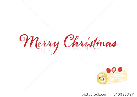 A horizontal Christmas card with plenty of white space, featuring a dazzling illustration of a white roll cake topped with strawberries. 140885387