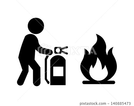 A fire and disaster prevention pictogram showing a person extinguishing a fire with a fire extinguisher. A fire and disaster prevention pictogram showing a person extinguishing a fire with a fire extinguisher. 140885473