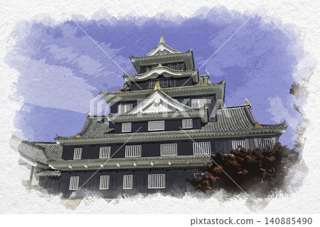 Watercolor-style painting of Okayama Castle's main tower, Okayama City, Okayama Prefecture. Watercolor-style painting of Okayama Castle's main tower, Okayama City, Okayama Prefecture. 140885490