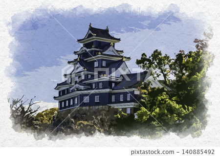 岡山城主塔的水彩畫，岡山縣岡山市。 140885492