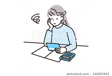 一位年輕女子擔心自己要支付的金額。 一位年輕女子擔心自己要支付的金額。 140885941