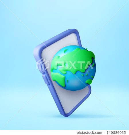 Smartphone with 3d globe floating above screen. Smartphone with 3d globe floating above screen. 140886035
