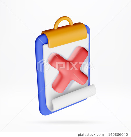 3d clipboard with red cross mark on white paper. 140886040