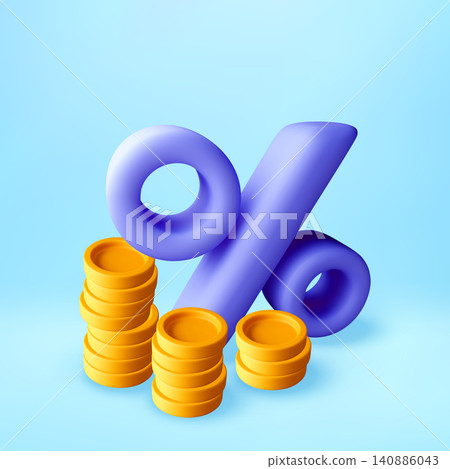 3D Percentage symbol with gold coin stacks. 3D Percentage symbol with gold coin stacks. 140886043