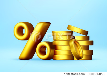 3D Golden percent symbol beside stack of coins. 3D Golden percent symbol beside stack of coins. 140886059