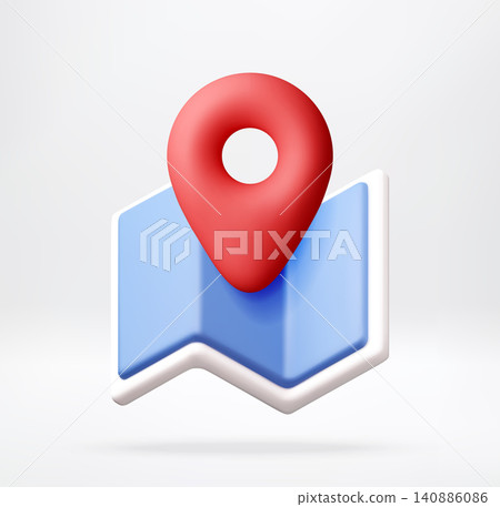 Red pin on blue paper map in 3d Red pin on blue paper map in 3d 140886086