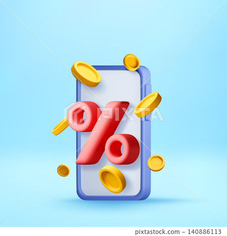 3D Smartphone with percent sign and gold coins 3D Smartphone with percent sign and gold coins 140886113