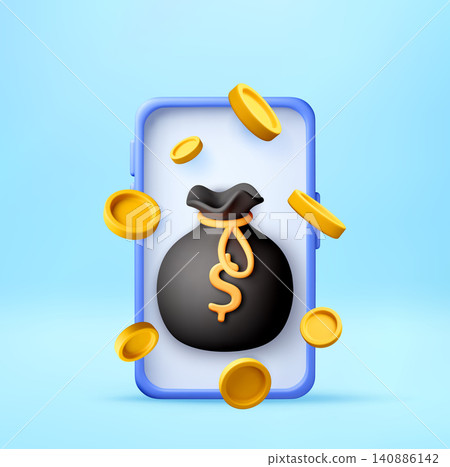 3D Money bag with gold coins on smartphone screen 140886142