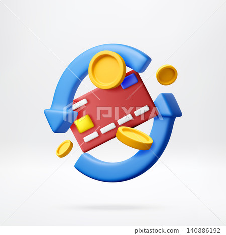 3D Credit card with rotating arrow and coin icon 3D Credit card with rotating arrow and coin icon 140886192