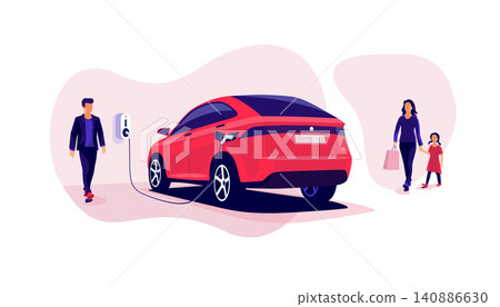 Electric Car Charging at Underground Garage on Parking Lot with Wall Box Charger Electric Car Charging at Underground Garage on Parking Lot with Wall Box Charger 140886630
