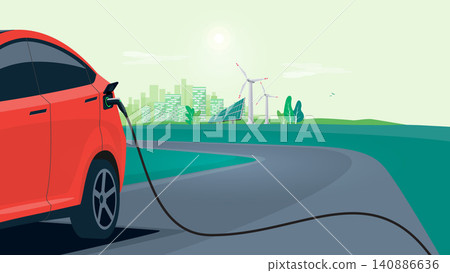 Electric Car Charging on City Street with Renewable Energy Solar Panels 140886636