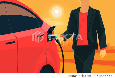 Electric Car Charging with Man Holding Charger Plug and Orange City Skyline 140886637