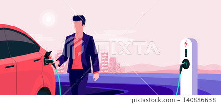 Electric Car Charging with Man Holding Charger Plug from Station with City Skyline Electric Car Charging with Man Holding Charger Plug from Station with City Skyline 140886638