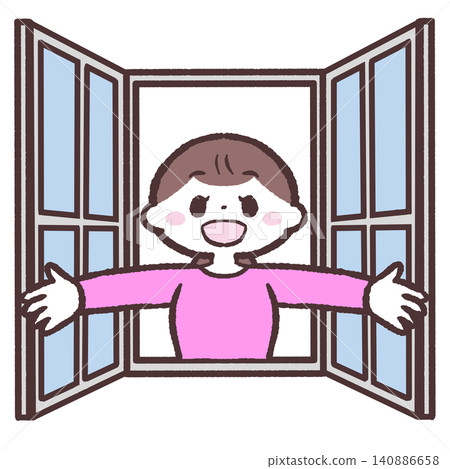 Illustration of a woman opening a window Illustration of a woman opening a window 140886658