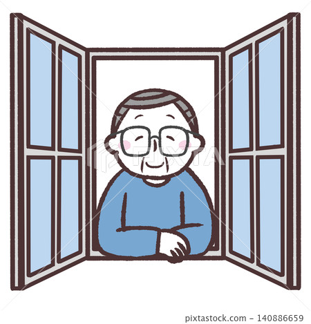Illustration of a senior man opening a window Illustration of a senior man opening a window 140886659