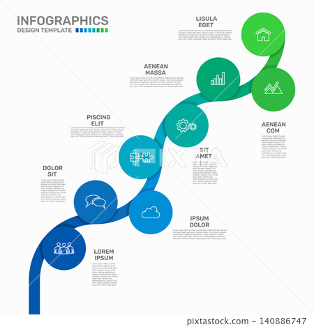 Modern business infographic template featuring eight circular steps connected by a winding ribbon. Vector illustration. Modern business infographic template featuring eight circular steps connected by a winding ribbon. Vector illustration. 140886747