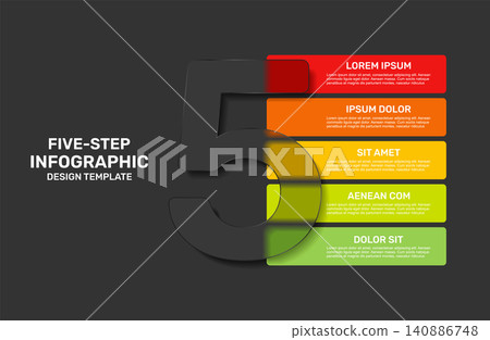 Three-step horizontal banner infographic template shaped around a large number 5 with placeholder text. Vector illustration. Three-step horizontal banner infographic template shaped around a large number 5 with placeholder text. Vector illustration. 140886748