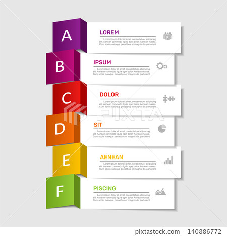 Six-step vertical banner infographic template with folded number tabs, placeholder text, business icons. Vector illustration. Six-step vertical banner infographic template with folded number tabs, placeholder text, business icons. Vector illustration. 140886772