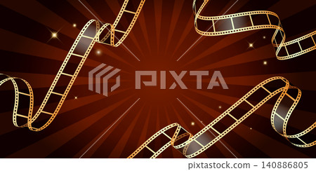 Festive film banner with shiny golden curved filmstrips. Movie film concept template. Vector illustration Festive film banner with shiny golden curved filmstrips. Movie film concept template. Vector illustration 140886805