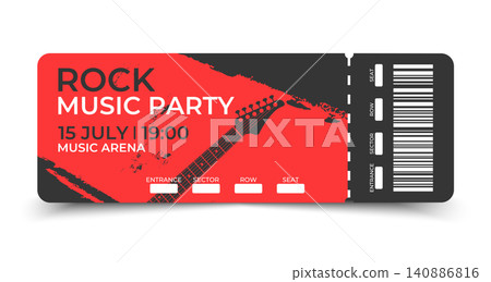 Ticket template design for Rock music party. Music event coupon with guitar silhouette and grunge texture. Vector illustration 140886816