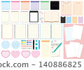 Pastel-colored memo pads, notebooks, sticky notes, clipboards, and stationery supplies set. 140886825