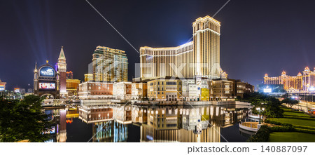 Night view of Venetian buildings in Cotai, Macau, with beautiful reflections of the majestic buildings in the water, owned by the American Las Vegas Sands company. Night view of Venetian buildings in Cotai, Macau, with beautiful reflections of the majestic buildings in the water, owned by the American Las Vegas Sands company. 140887097