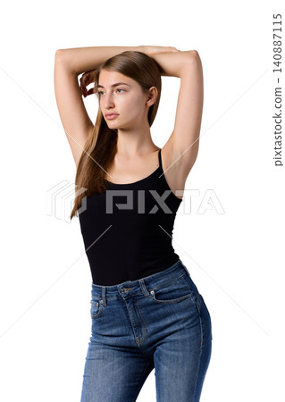Slavic beauty in black top posing confidently Slavic beauty in black top posing confidently 140887115