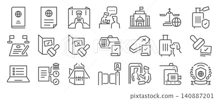 Immigration service icon set. It includes passport, visas, stamp, globe, and more icons. Immigration service icon set. It includes passport, visas, stamp, globe, and more icons. 140887201