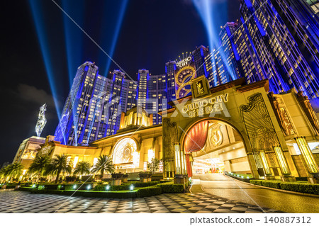 Beautiful night view of Studio City is a hotel casino resort on the Cotai Strip in Macau, China, a Hollywood studio-themed leisure resort. 140887312