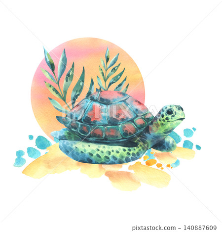 Watercolor turtle illustration on tropical beach. Hand drawn sea animal with palm leaf and sunset background. Bright summer ocean wildlife art for greeting card and stationery design. 140887609