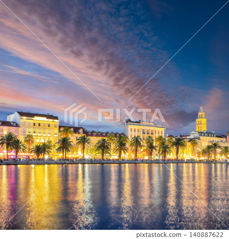 Awesome view of famous Palace of the Emperor Diocletian and shore of Adriatic Sea in Split at night. Awesome view of famous Palace of the Emperor Diocletian and shore of Adriatic Sea in Split at night. 140887622