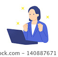 A businesswoman makes a triumphant gesture after solving a problem. Illustration of a happy female office worker. 140887671