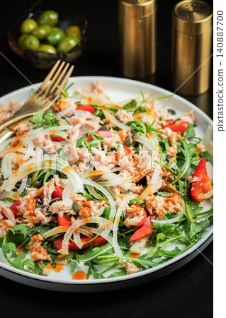 Fresh Tuna Salad with Onions and Cherry Tomatoes. Italian Mediterranean Cuisine 140887700