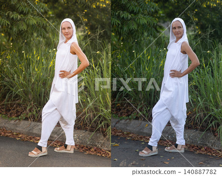 Before and After Retouch Comparison of Fashion Woman in Park with Clothing Pleats Correction 140887782