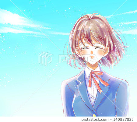 Female student, smiling, bust up, blue sky Female student, smiling, bust up, blue sky 140887825