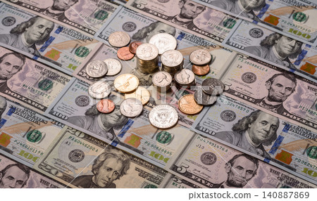 Paper US dollar bills of various denominations and cent coins as a business tool. Cash US dollars Paper US dollar bills of various denominations and cent coins as a business tool. Cash US dollars 140887869