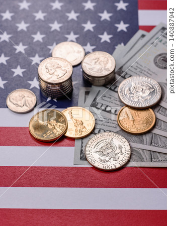 Paper US dollar bills of various denominations and cent coins as a business tool. Cash US dollars Paper US dollar bills of various denominations and cent coins as a business tool. Cash US dollars 140887942
