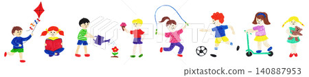 A set of hand-drawn illustrations of children playing. A set of hand-drawn illustrations of children playing. 140887953