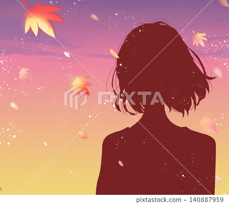 女人,半身像,剪影,日落,秋葉 女人,半身像,剪影,日落,秋葉 140887959