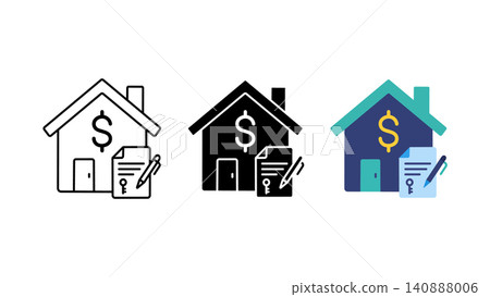 Mortgage home loan contract icon set outline silhouette and color vector isolated on white background Mortgage home loan contract icon set outline silhouette and color vector isolated on white background 140888006